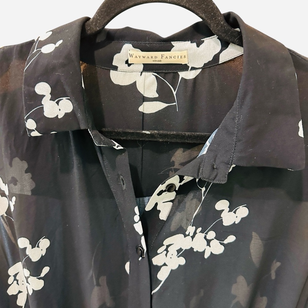 Wayward Fancies sheer sleeveless black white floral button down tiered dress - Picture 5 of 10